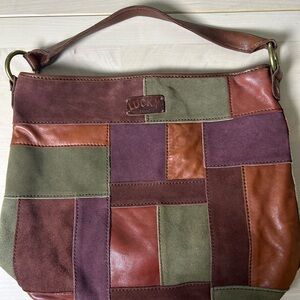 Lucky Brand Brown and Green Shoulder Bag with Patchwork Design